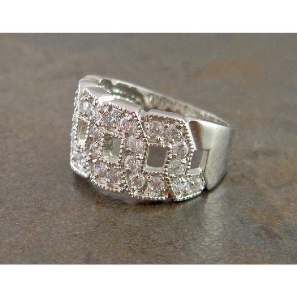 Sterling Silver CZ Wide Band Ring Size 7  Geometric Pave - Picture 1 of 5